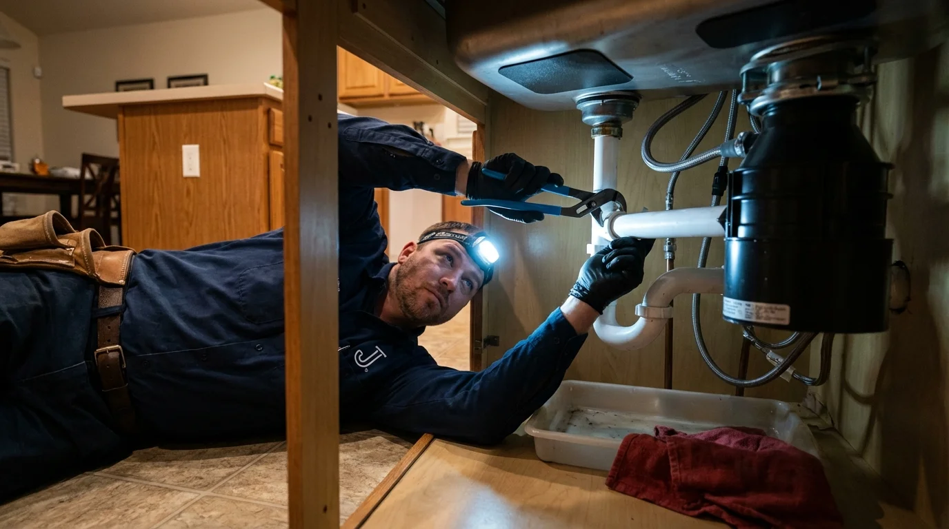 P-trap and supply line connections under a kitchen sink showing a common leak point in Jamestown, NC